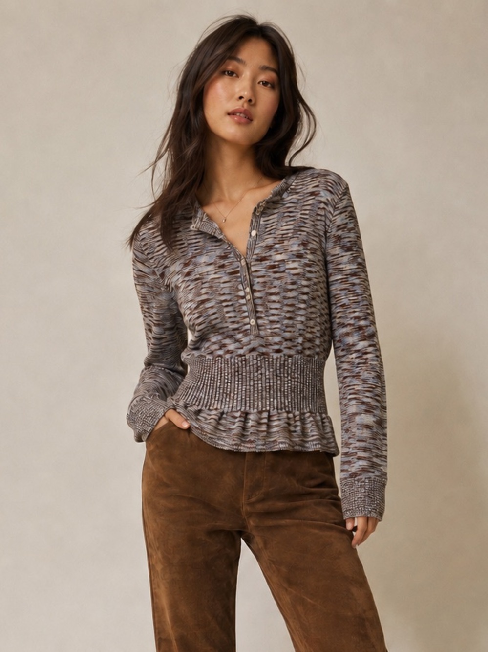 J. Crew Ribbed Knit Peplum Henley Sweater Top Brown Blue SZ S Vintage